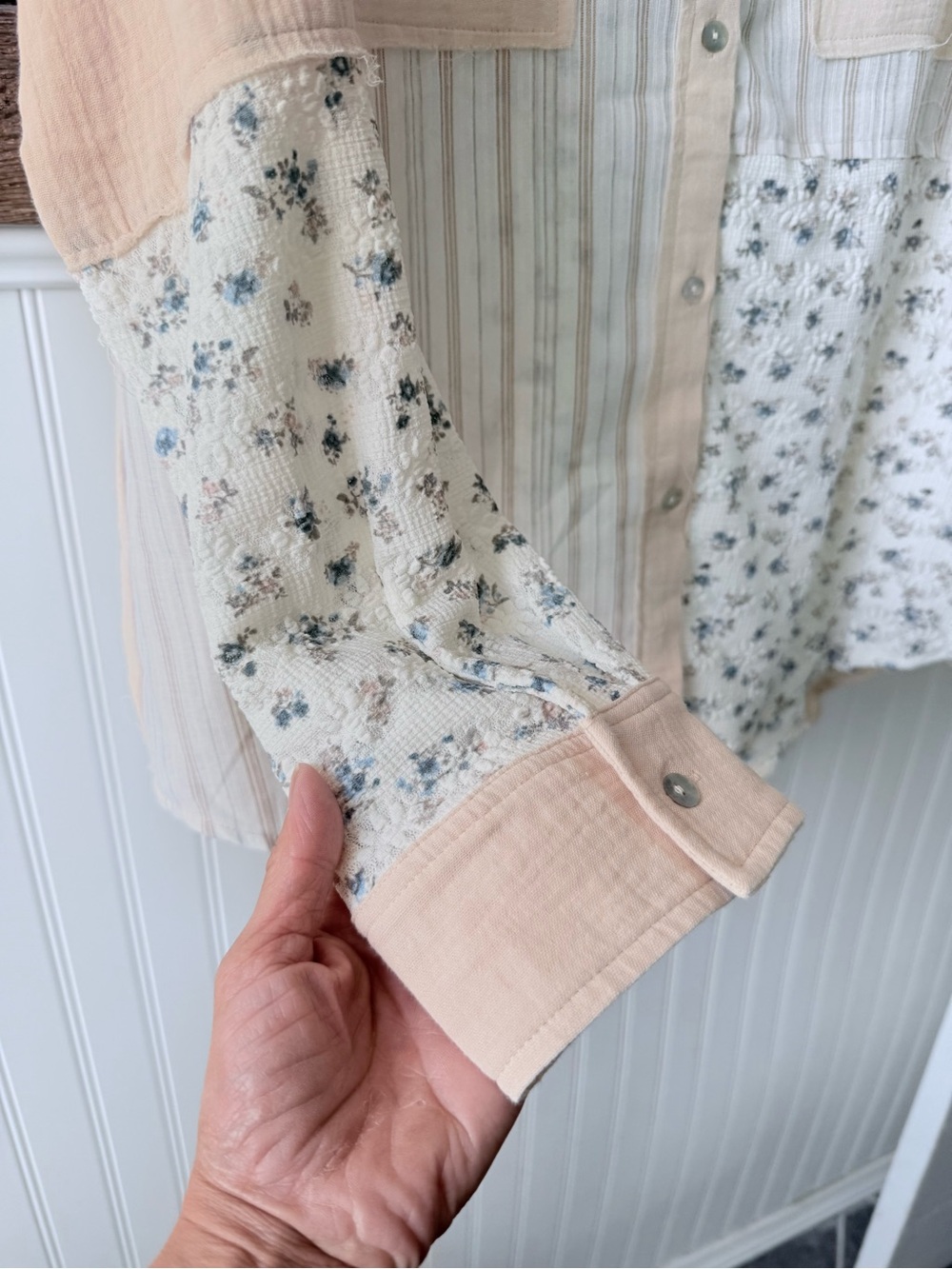 Patchwork Button-Down Shirt in Soft Pink and Cream - Picture 4 of 6